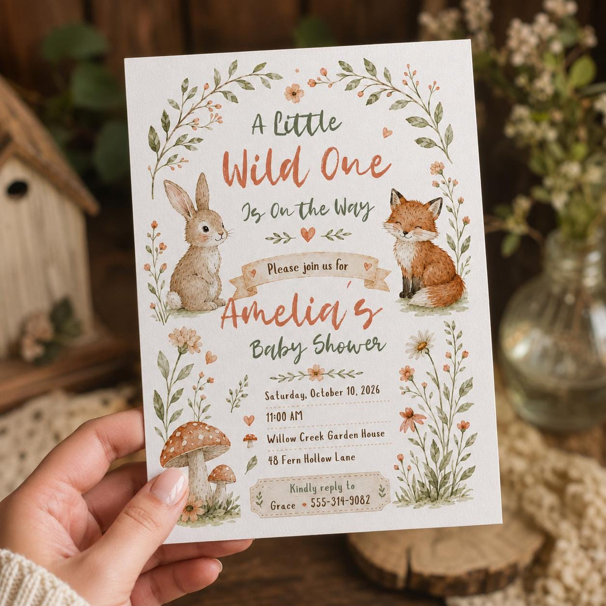 Boho Rustic Woodland Baby Shower Invitation — digital invitation, instant download