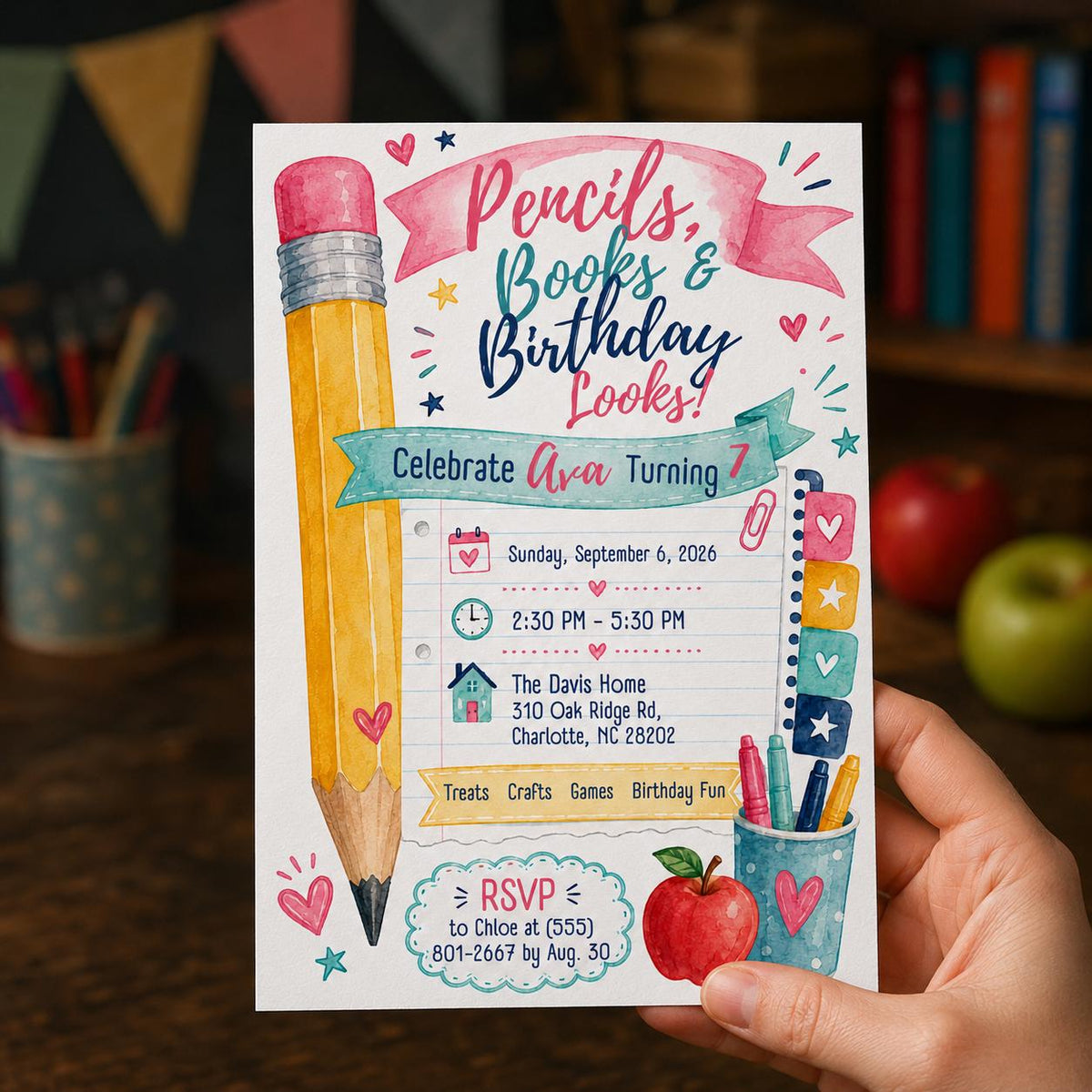 Book 7th Birthday Invitation for Girls — digital invitation, instant download