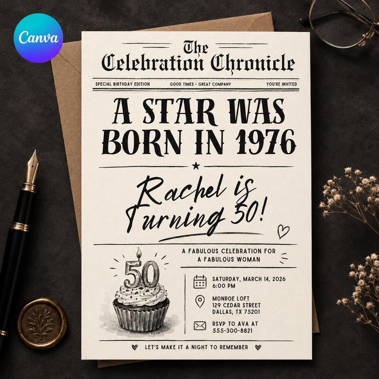 Born in 1976 Celebration Chronicle 50th Birthday Invitation