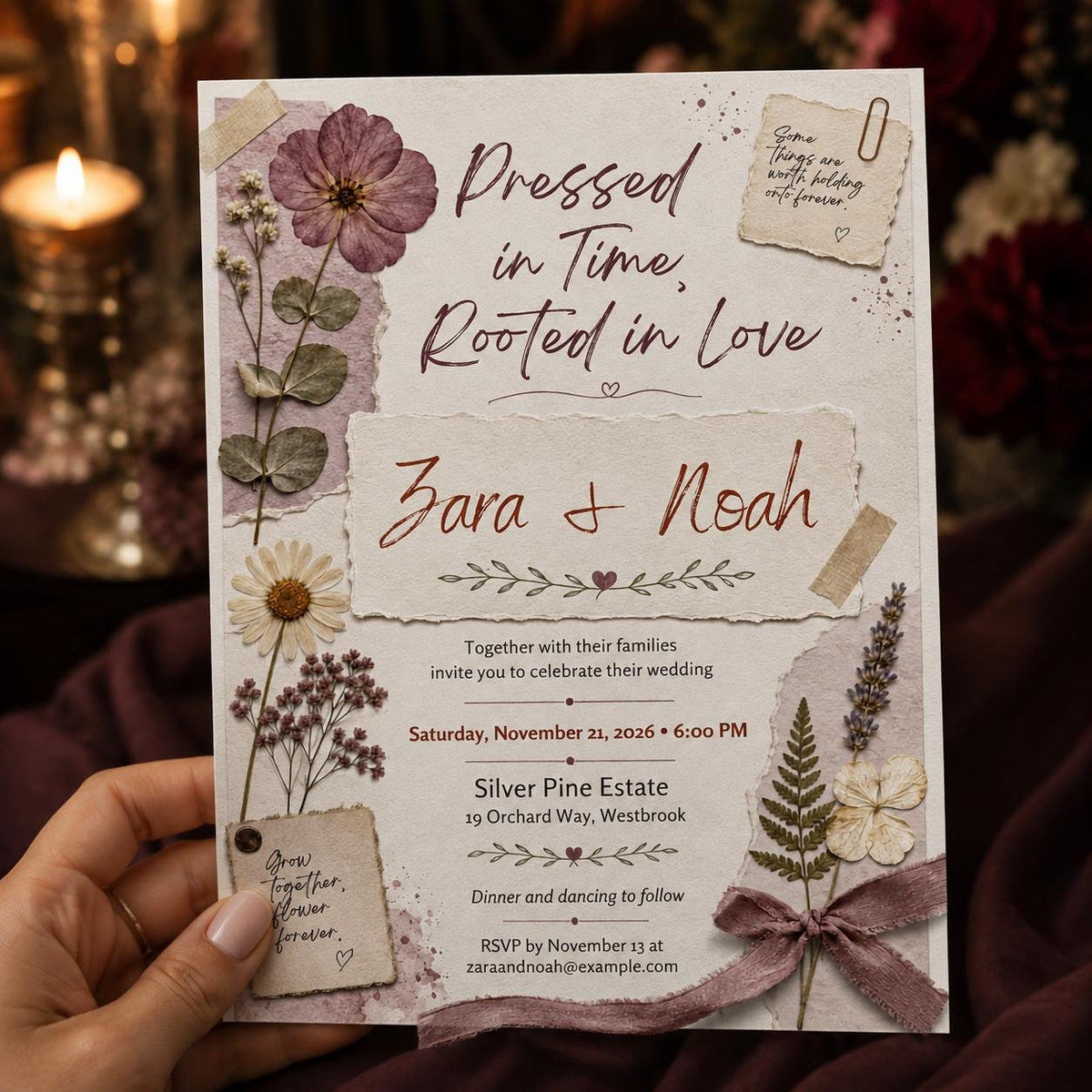 Botanical Floral Pressed Flower Wedding Invitation — digital invitation, instant download