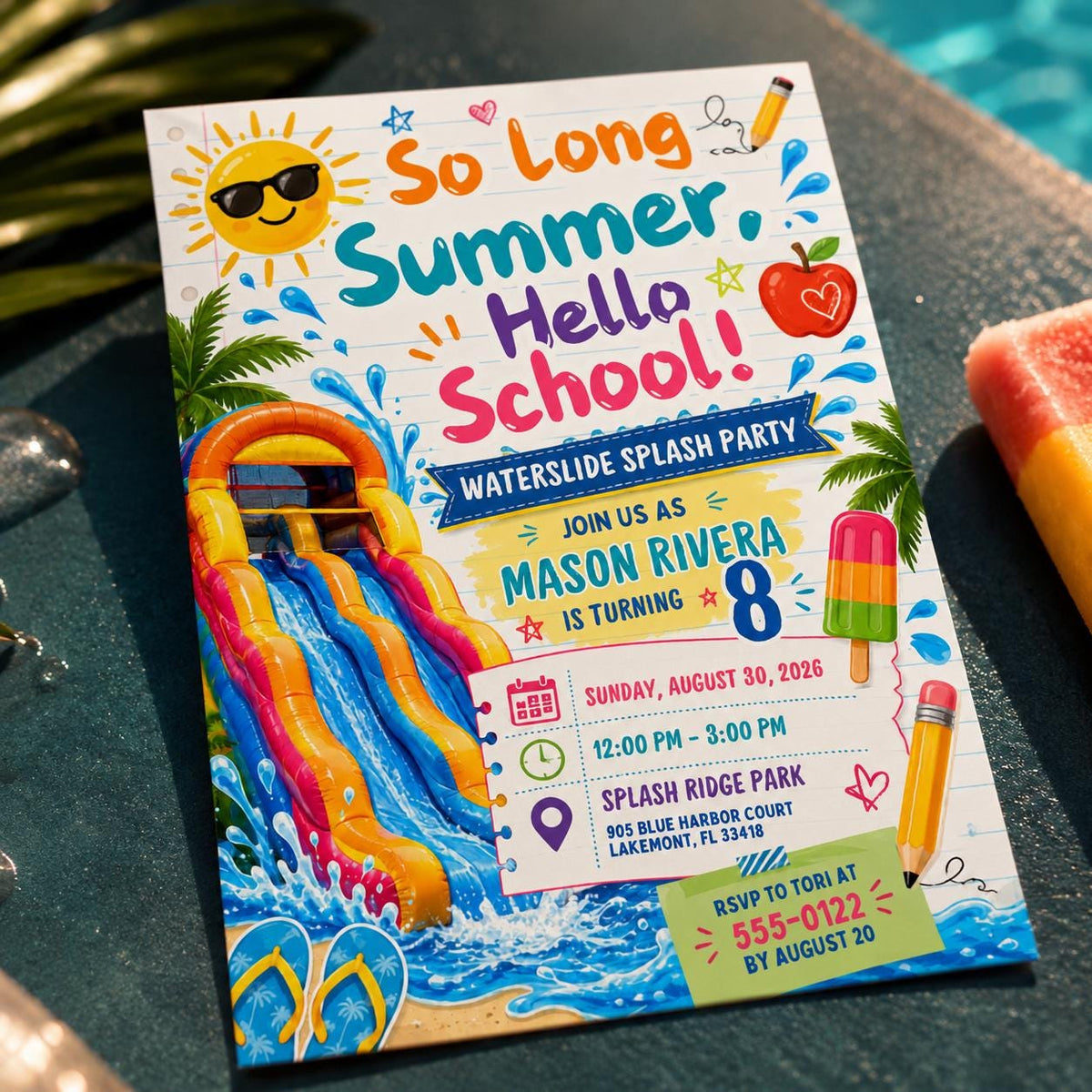 Bright Hello School Water Slide 8th Birthday Invitation — digital invitation, instant download