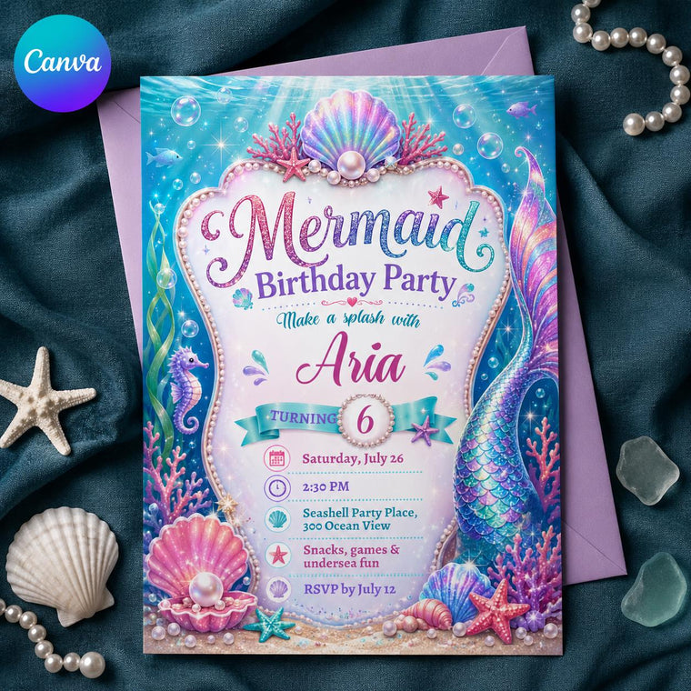 Bright Mermaid Tail and Shell 6th Birthday Invitation
