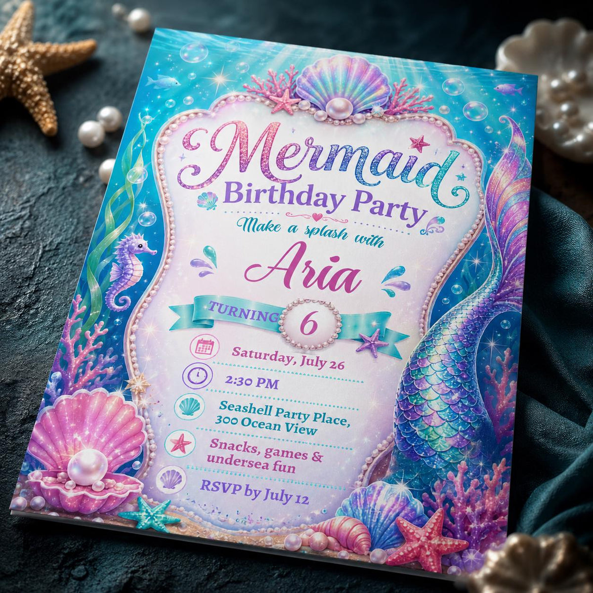Bright Mermaid Tail and Shell 6th Birthday Invitation — digital invitation, instant download