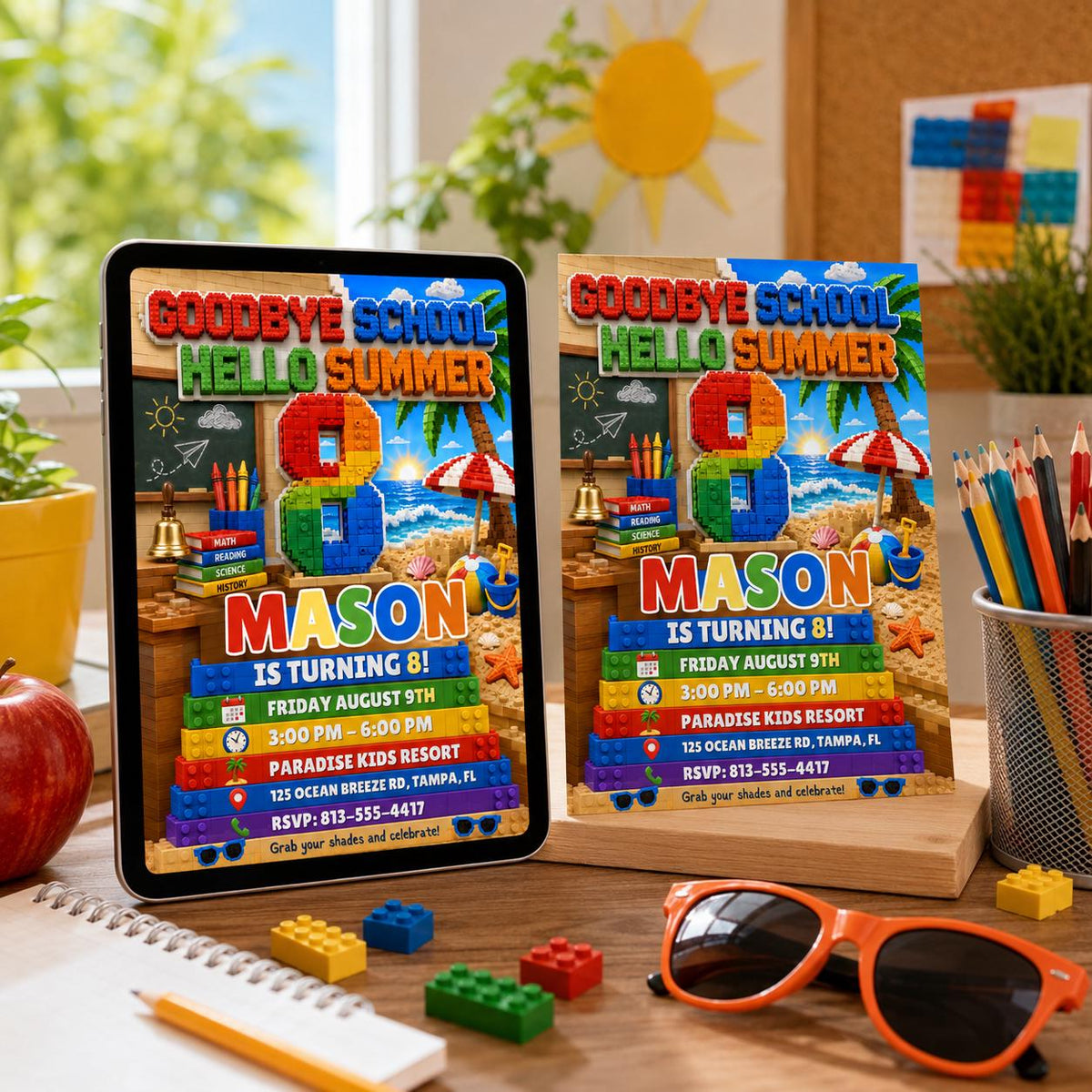 Building Block Hello Summer 8th Birthday Beach Party Invitation — printable invitation from VoltBy