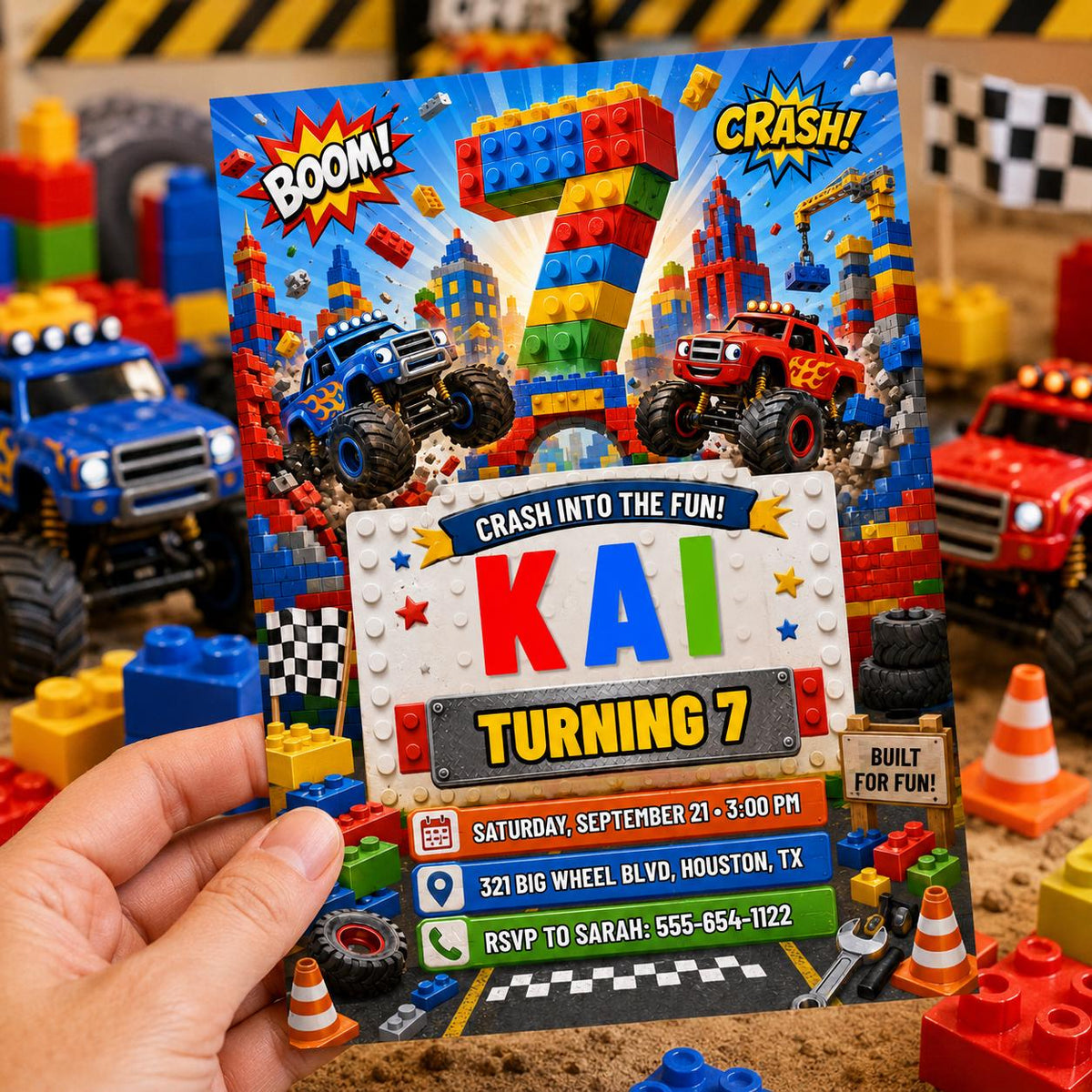Building Block Monster Truck 7th Birthday Invitation — printable invitation from VoltBy