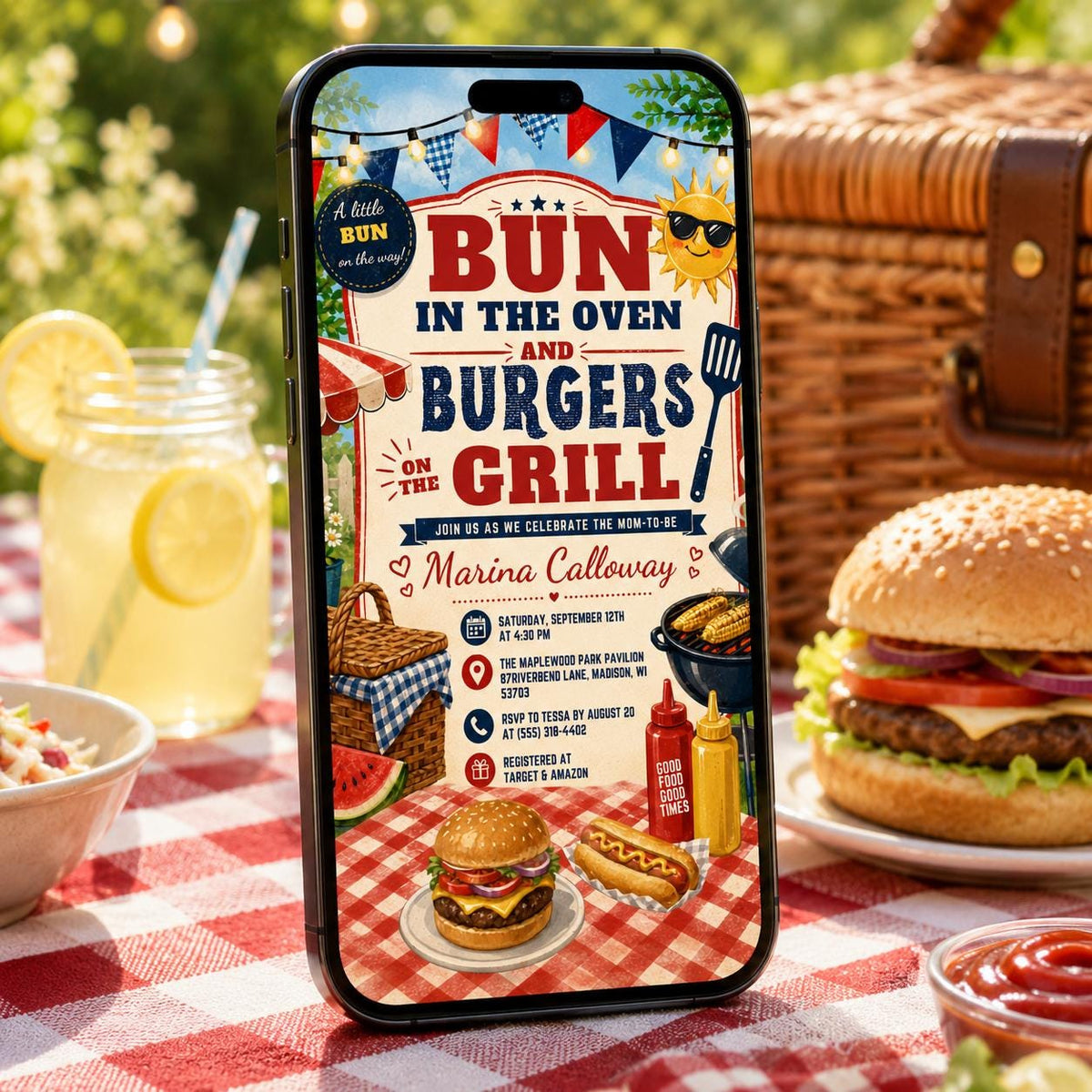Bun in the Oven Burgers on the Grill Baby Shower Invitation — gingham baby shower design