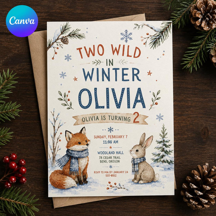 Bunny Winter Woodland 2nd Birthday Invitation