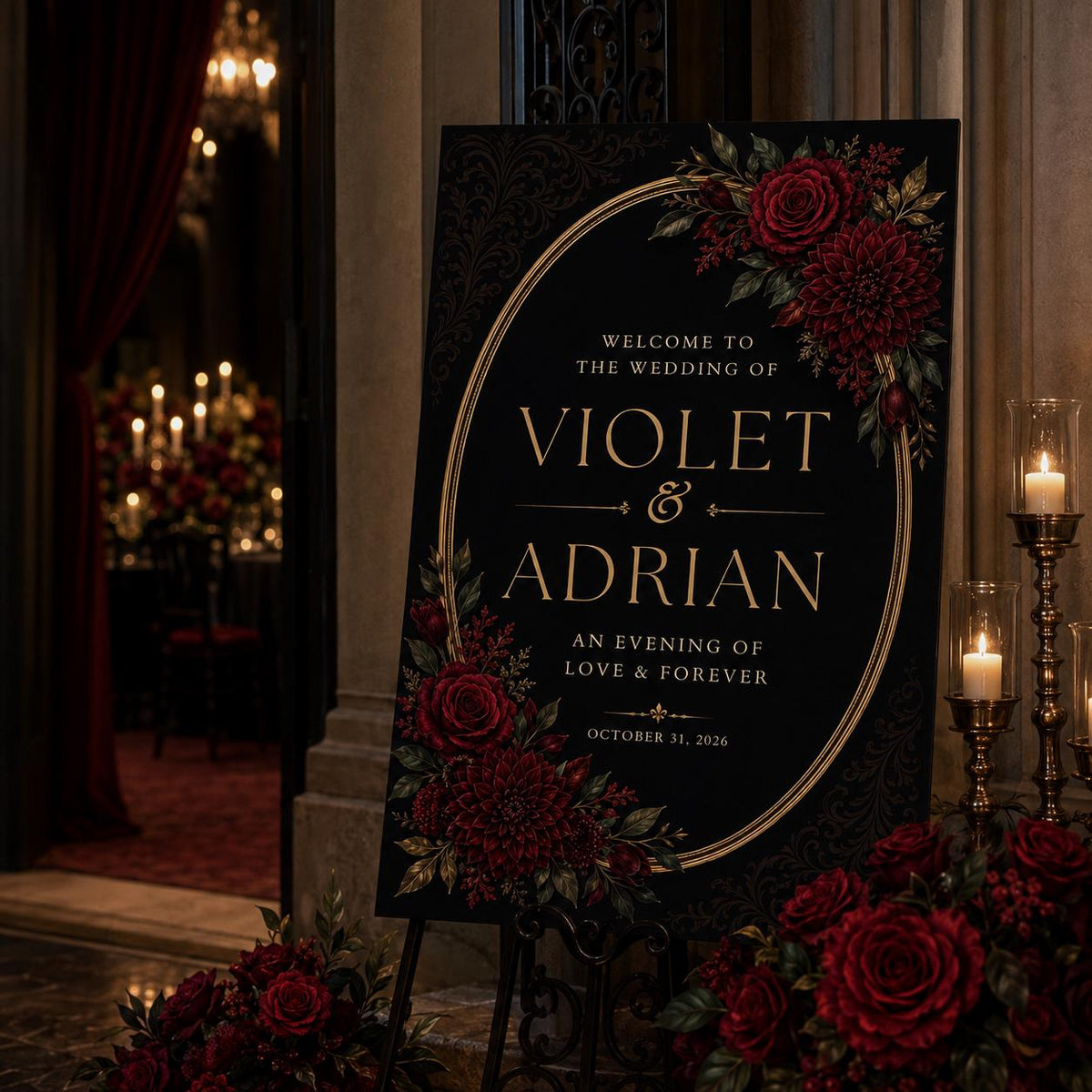 Burgundy and Black Floral Gothic Wedding Welcome Sign — wedding stationery by VoltBy