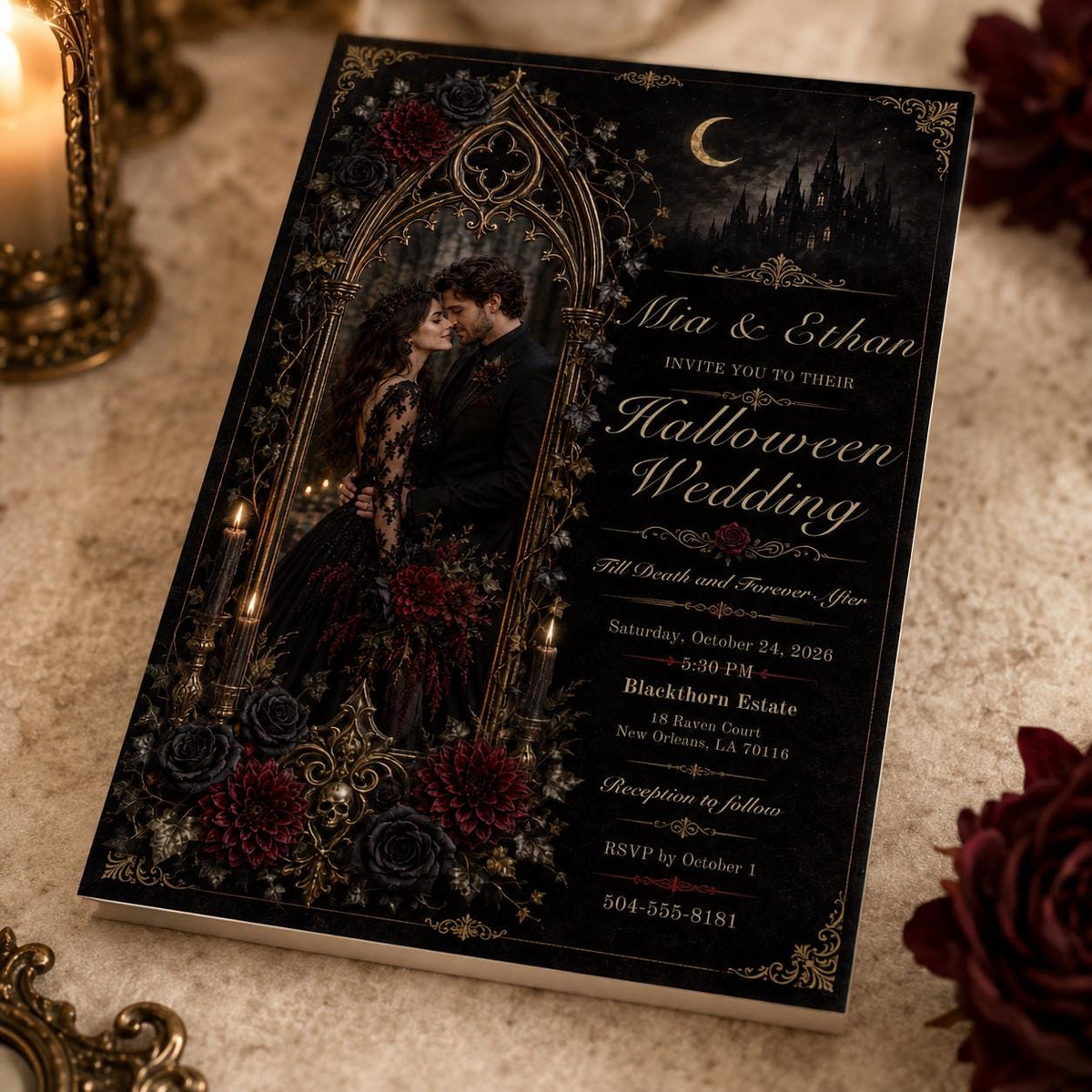 Burgundy and Black Gothic Halloween Wedding Invitation — wedding stationery by VoltBy