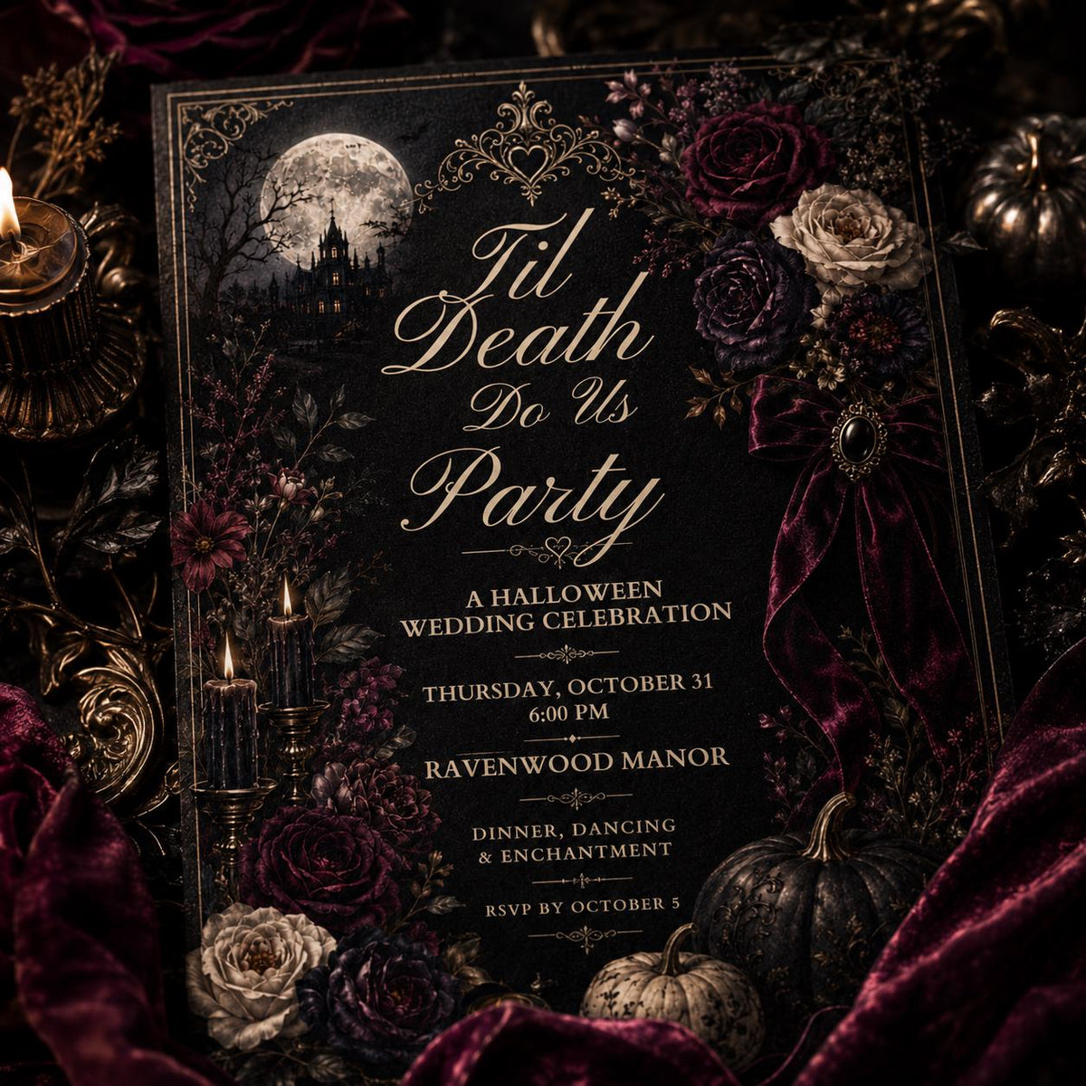 Burgundy and Black Til Death Do Us Party Wedding Invitation — print-ready wedding design from VoltBy