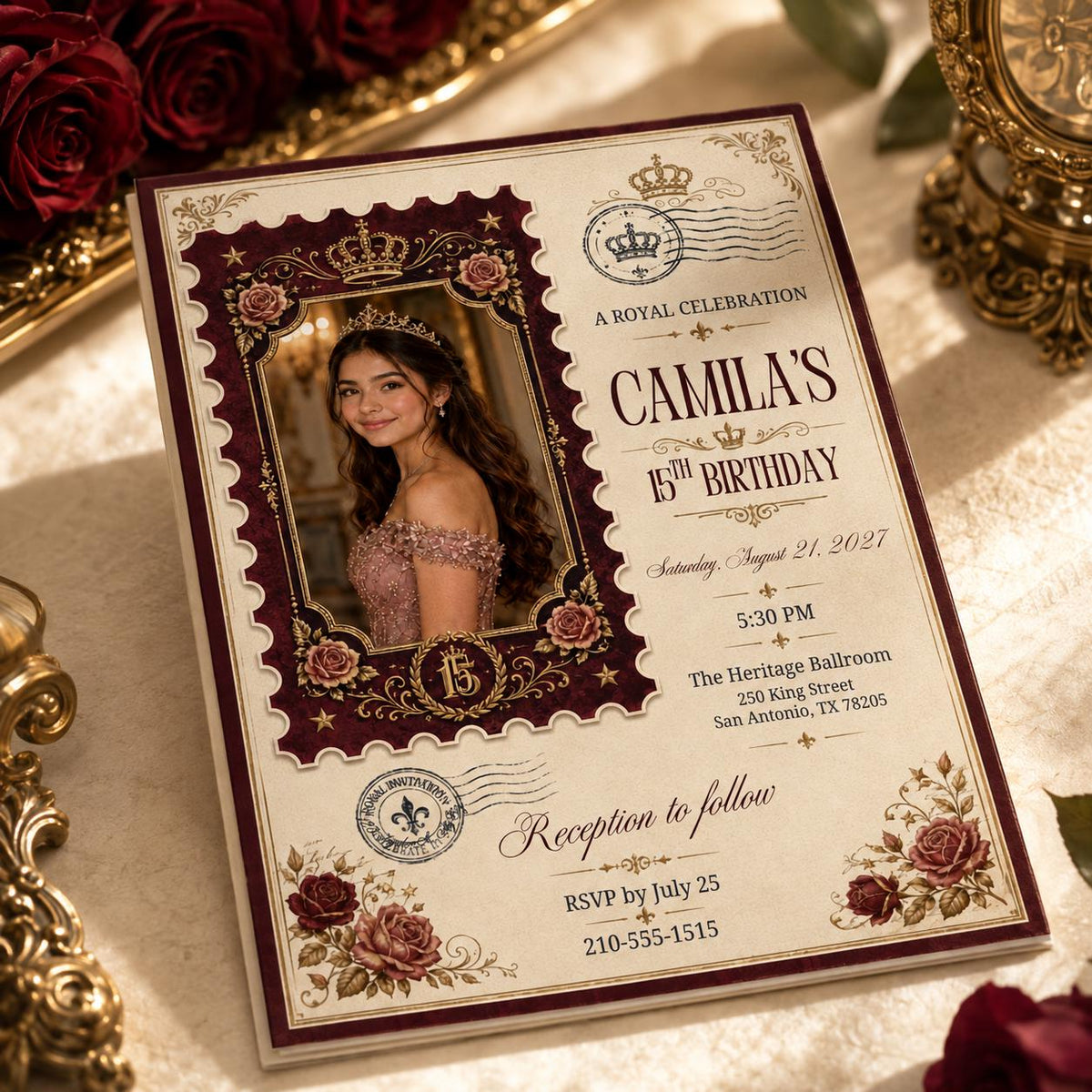 Burgundy and Gold 15th Birthday Invitation — digital invitation, instant download