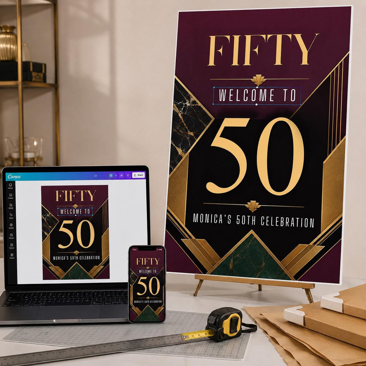 Burgundy and Gold 50th Birthday Welcome Sign — digital welcome sign, instant download