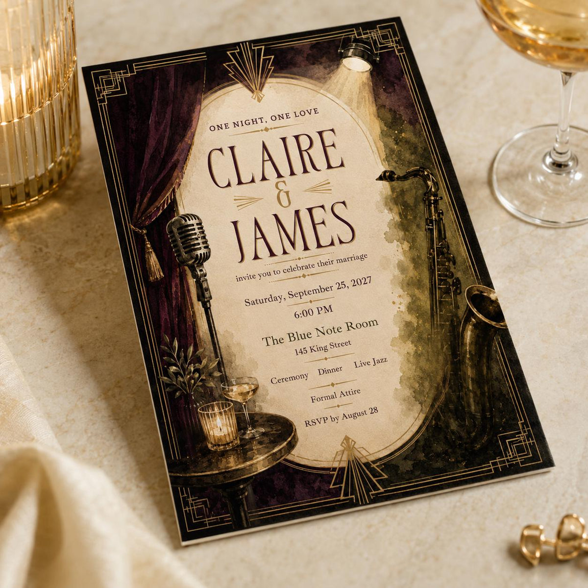 Burgundy and Gold Art Deco Jazz Wedding Invitation — wedding stationery by VoltBy