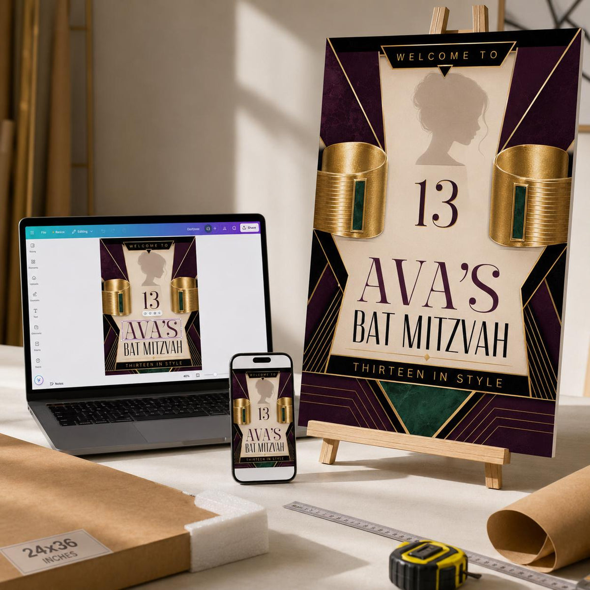 Burgundy and Gold Bat Mitzvah Welcome Sign — digital welcome sign, instant download