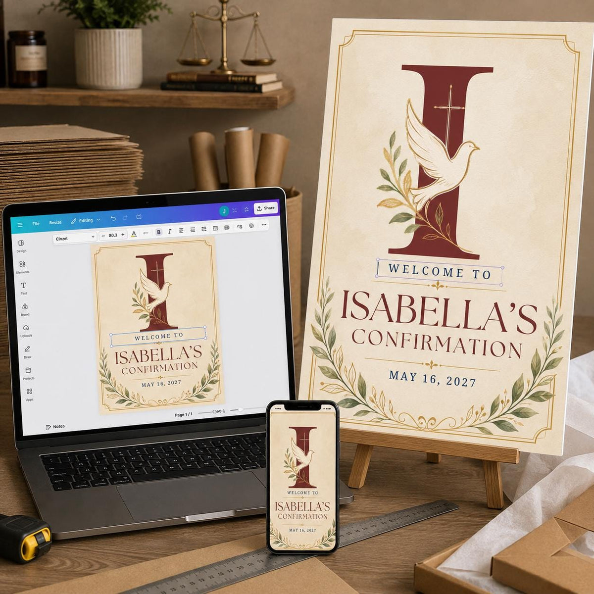 Burgundy and Gold Catholic Confirmation Welcome Sign — digital welcome sign, instant download