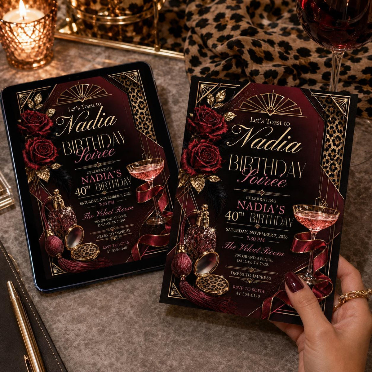 Burgundy and Gold Elegant 40th Birthday Invitation — print-ready 40th birthday party design from VoltBy