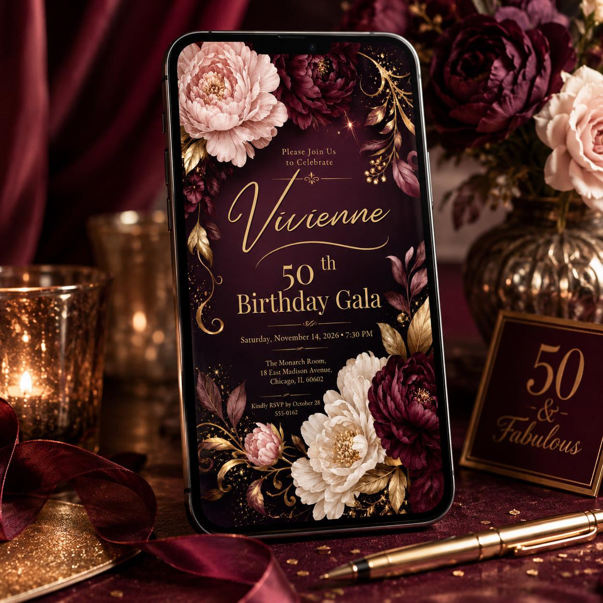 Burgundy and Gold Elegant 50th Birthday Gala Invitation — digital invitation, instant download