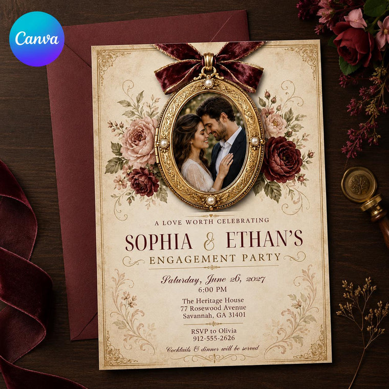 Burgundy and Gold Engagement Party Invitation