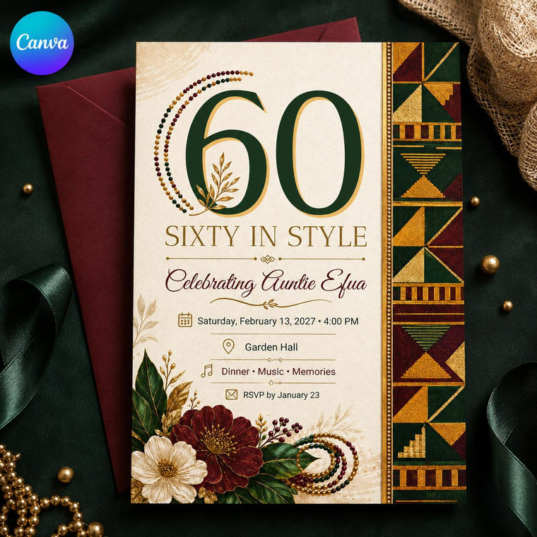 Burgundy and Green African 60th Birthday Invitation