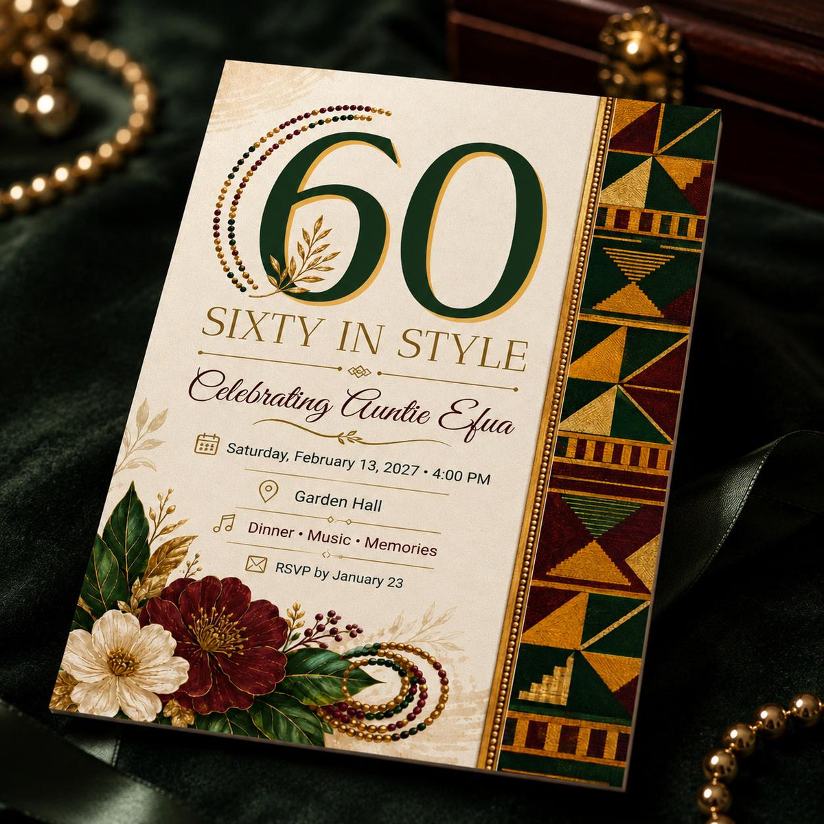 Burgundy and Green African 60th Birthday Invitation — kente artwork in gold