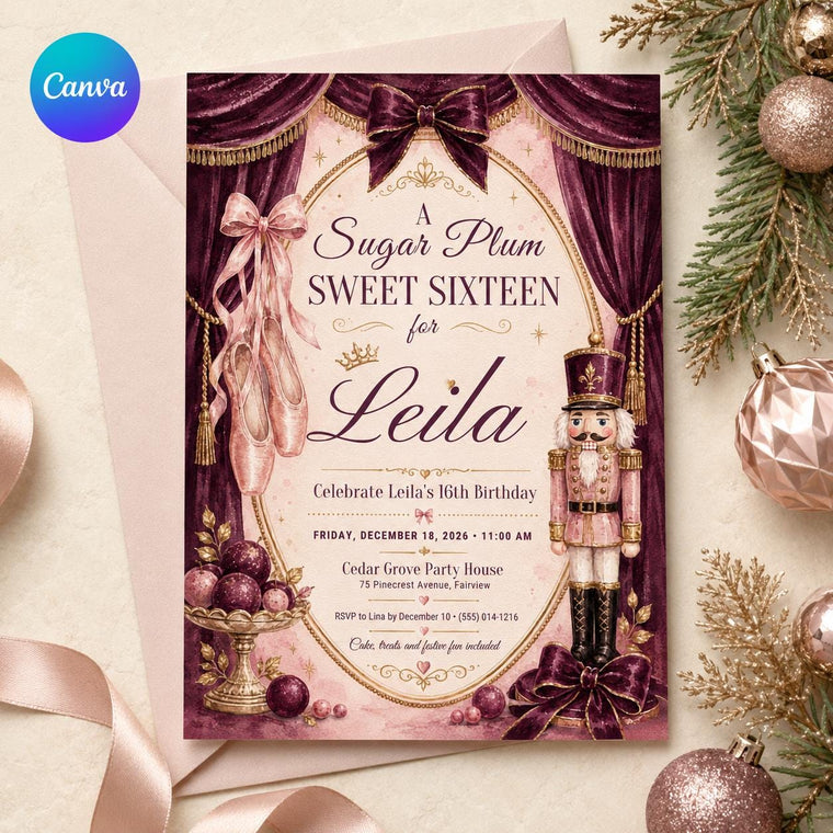 Burgundy and Pink Nutcracker Christmas Sweet 16 Birthday Invitation
