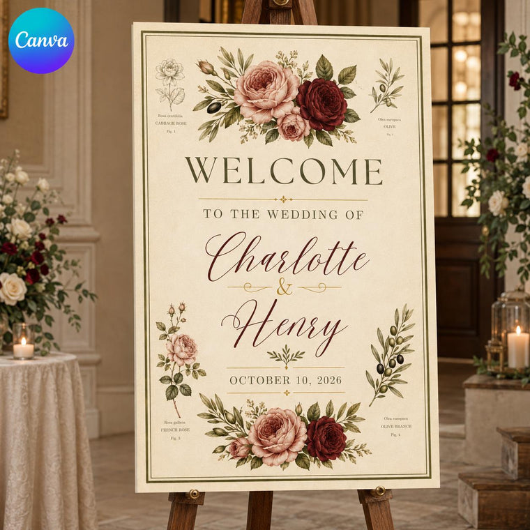 Burgundy Botanical Vintage Wedding Welcome Sign