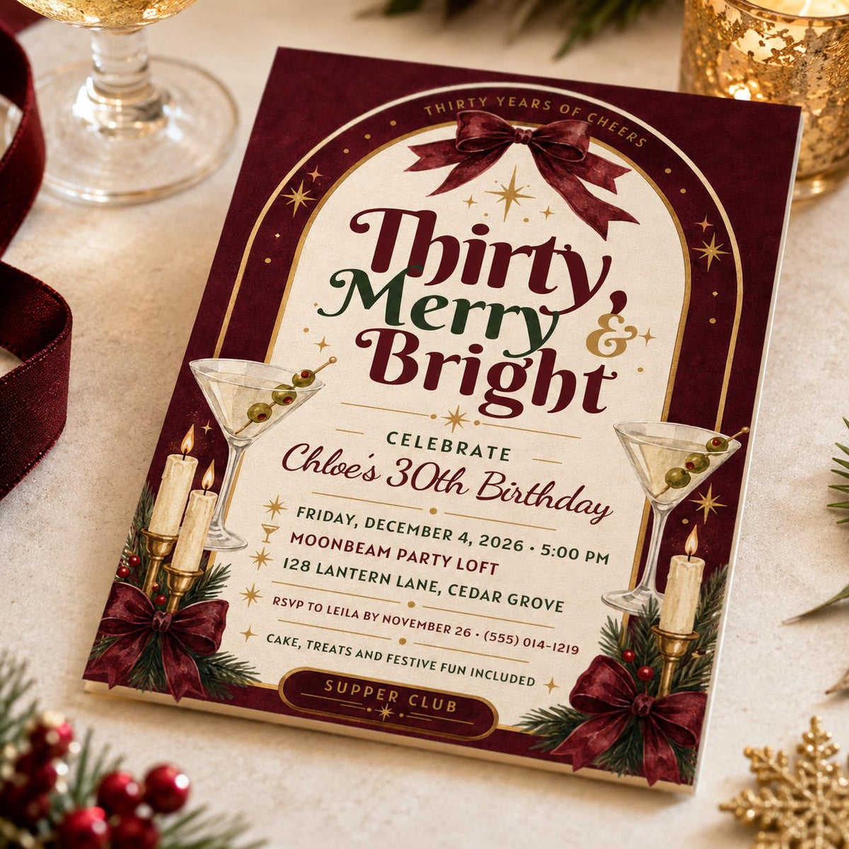 Burgundy Christmas 30th Birthday Invitation — digital invitation, instant download