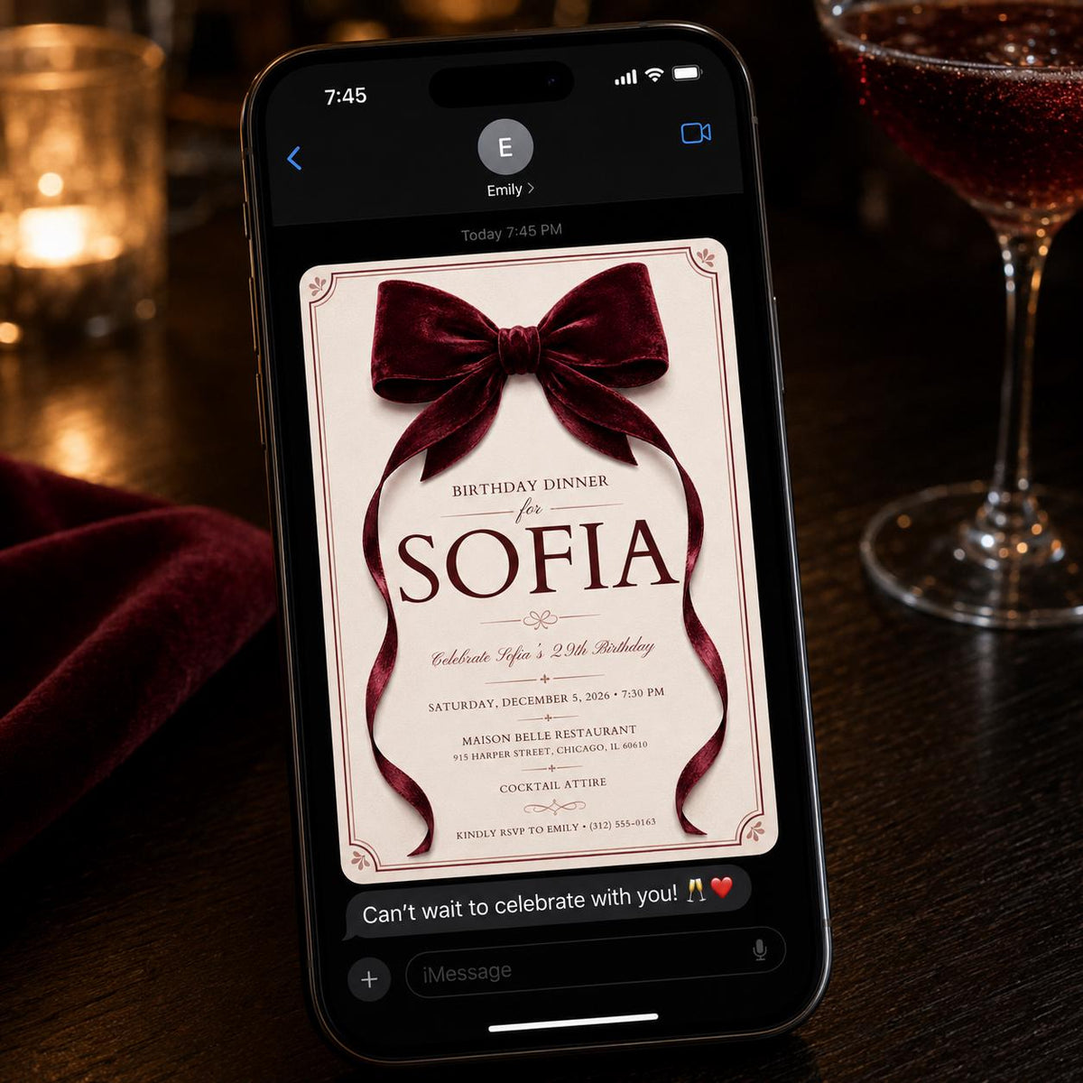 Burgundy Elegant Birthday Dinner Invitation — digital invitation, instant download