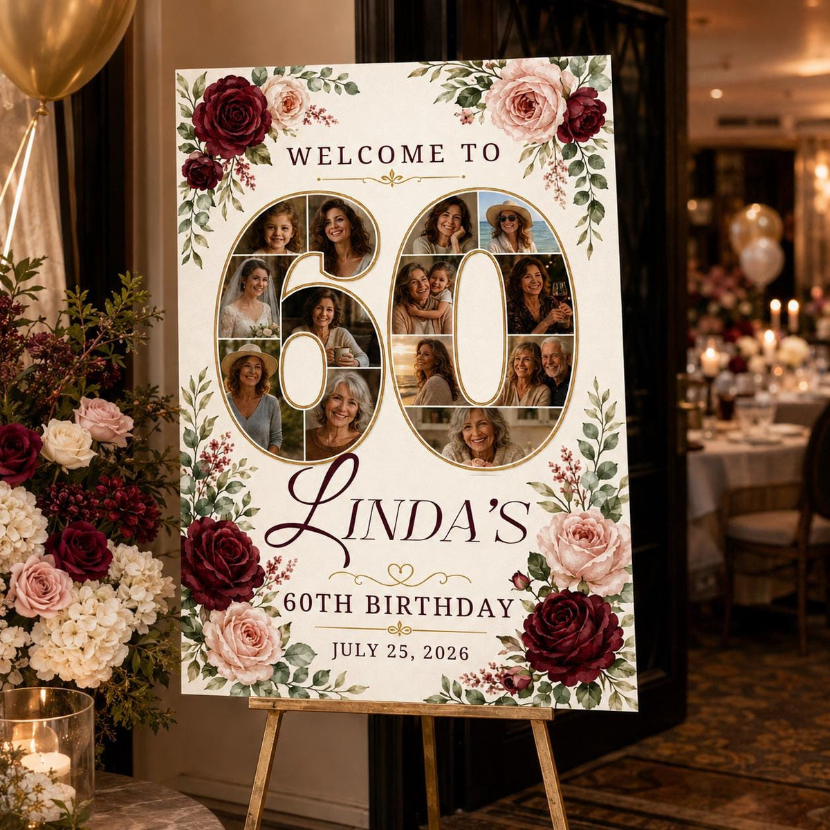 Burgundy Floral 60th Birthday Welcome Sign — 60th birthday party stationery by VoltBy