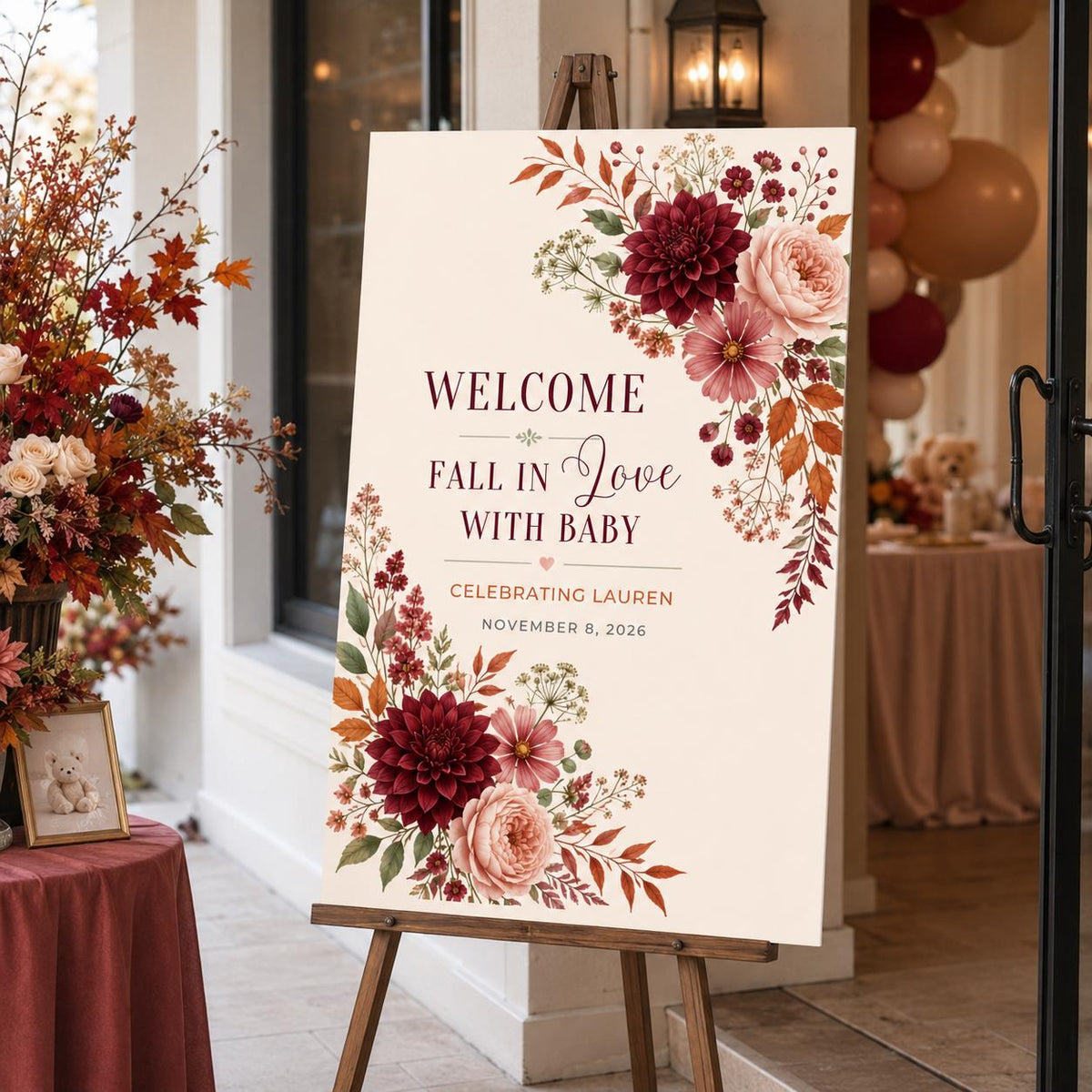 Burgundy Floral Fall Baby Shower Welcome Sign — baby shower stationery by VoltBy
