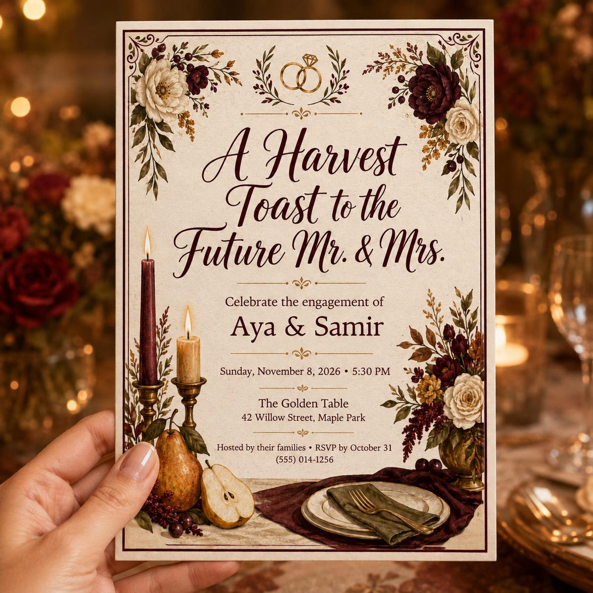 Burgundy Floral Fall Engagement Party Invitation — digital invitation, instant download