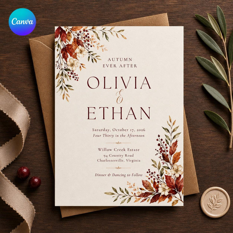 Burgundy Floral Fall Wedding Invitation