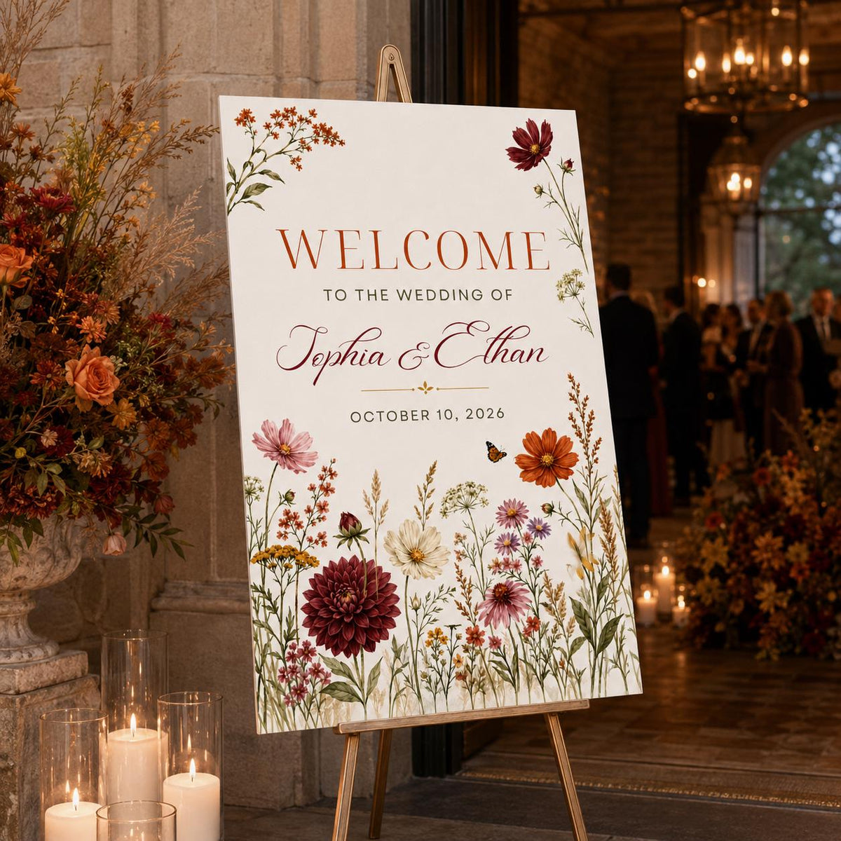 Burgundy Floral Fall Wedding Welcome Sign — digital welcome sign, instant download