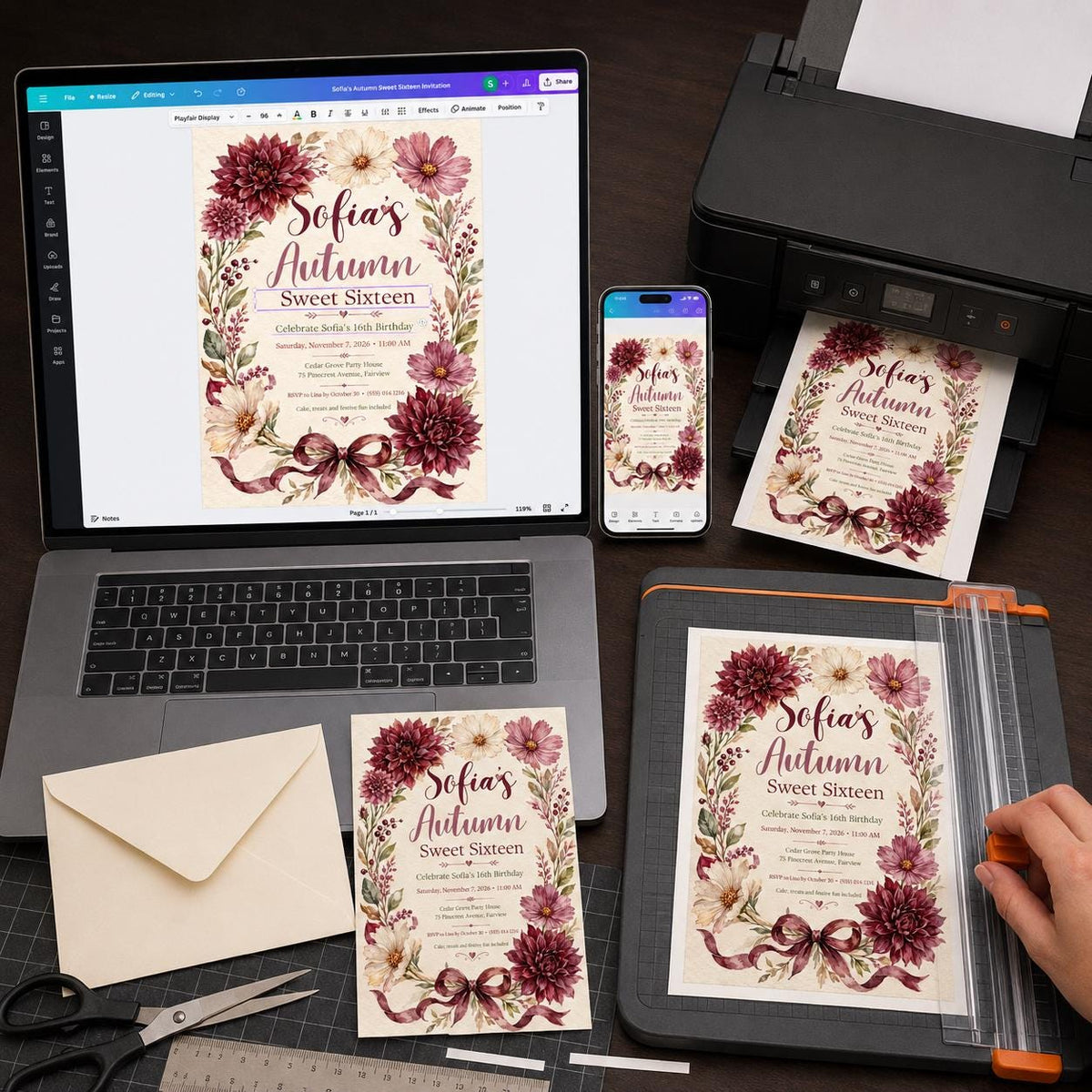 Burgundy Floral Sweet 16 Invitation for Girls — digital invitation, instant download