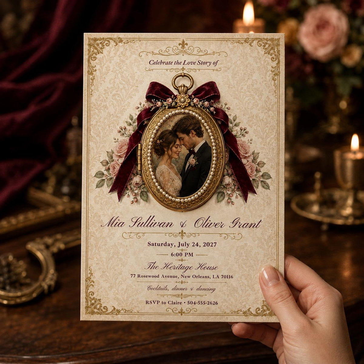Burgundy Floral Vintage Wedding Invitation — digital invitation, instant download