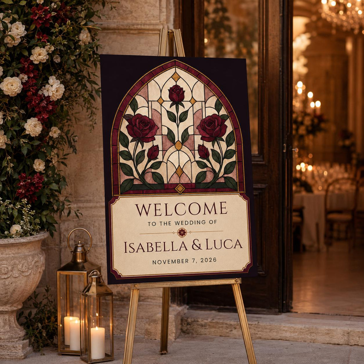 Burgundy Floral Wedding Welcome Sign — digital welcome sign, instant download