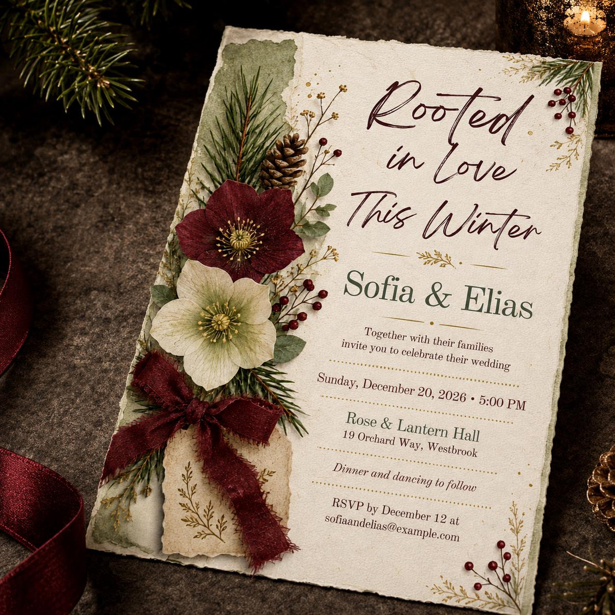 Burgundy Floral Winter Wedding Invitation — print-ready wedding design from VoltBy