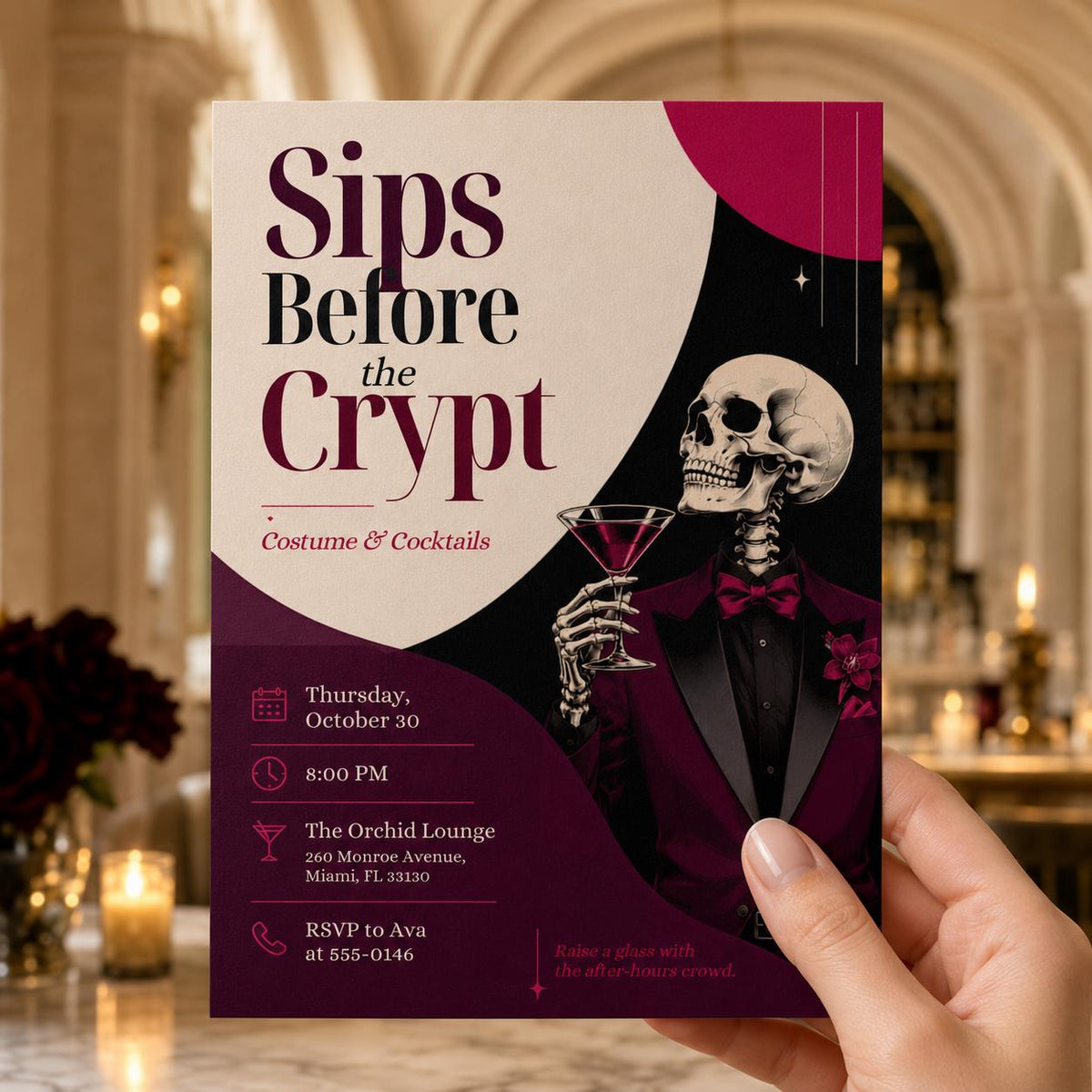 Burgundy Gothic Halloween Cocktail Party Invitation — print-ready Halloween party design from VoltBy