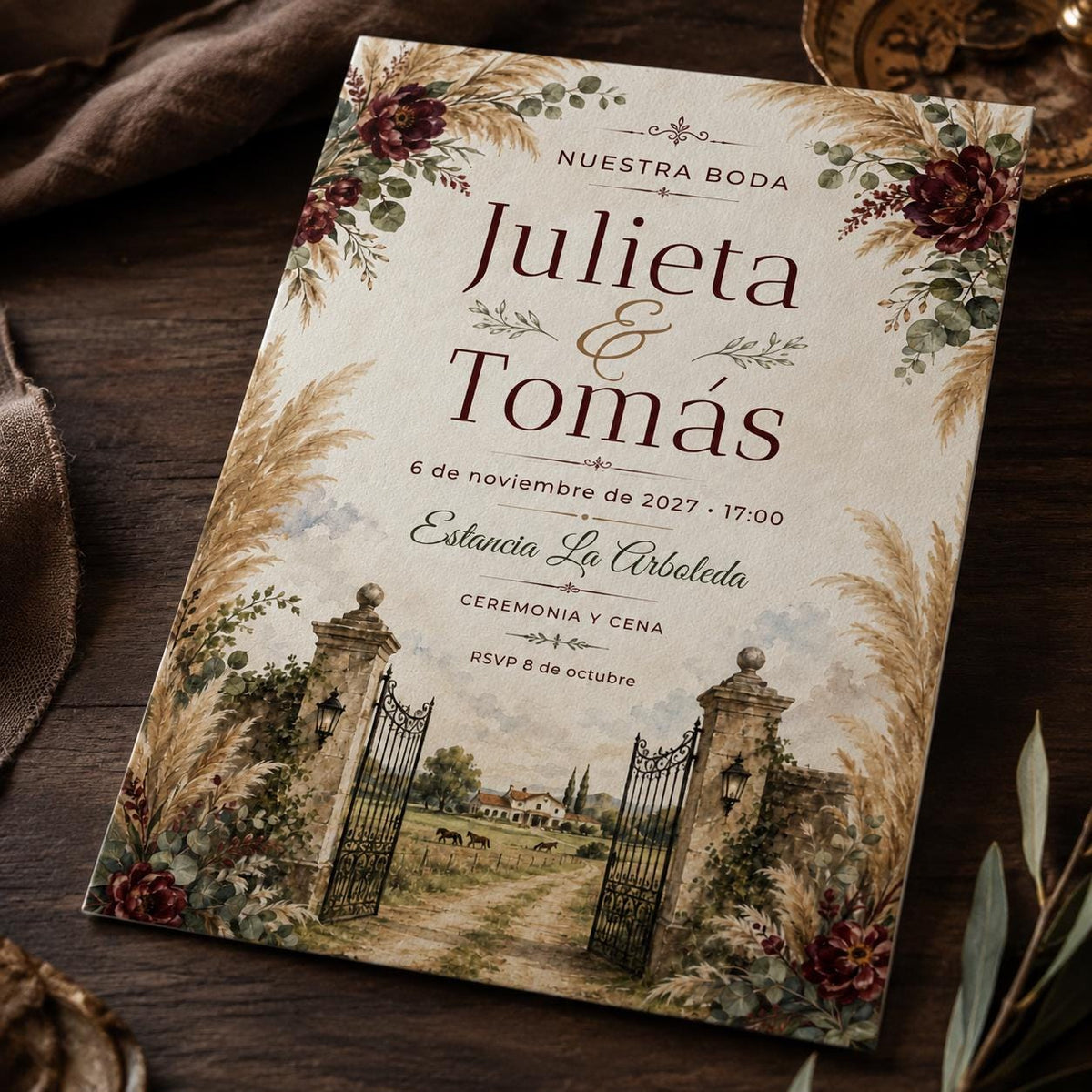 Burgundy Rustic Spanish Wedding Invitation — print-ready wedding design from VoltBy