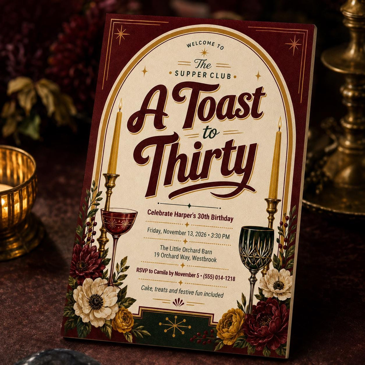 Burgundy Vintage 30th Birthday Dinner Invitation — digital invitation, instant download