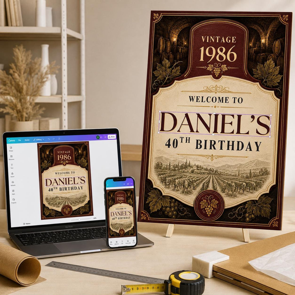 Burgundy Vintage 40th Birthday Welcome Sign — digital welcome sign, instant download