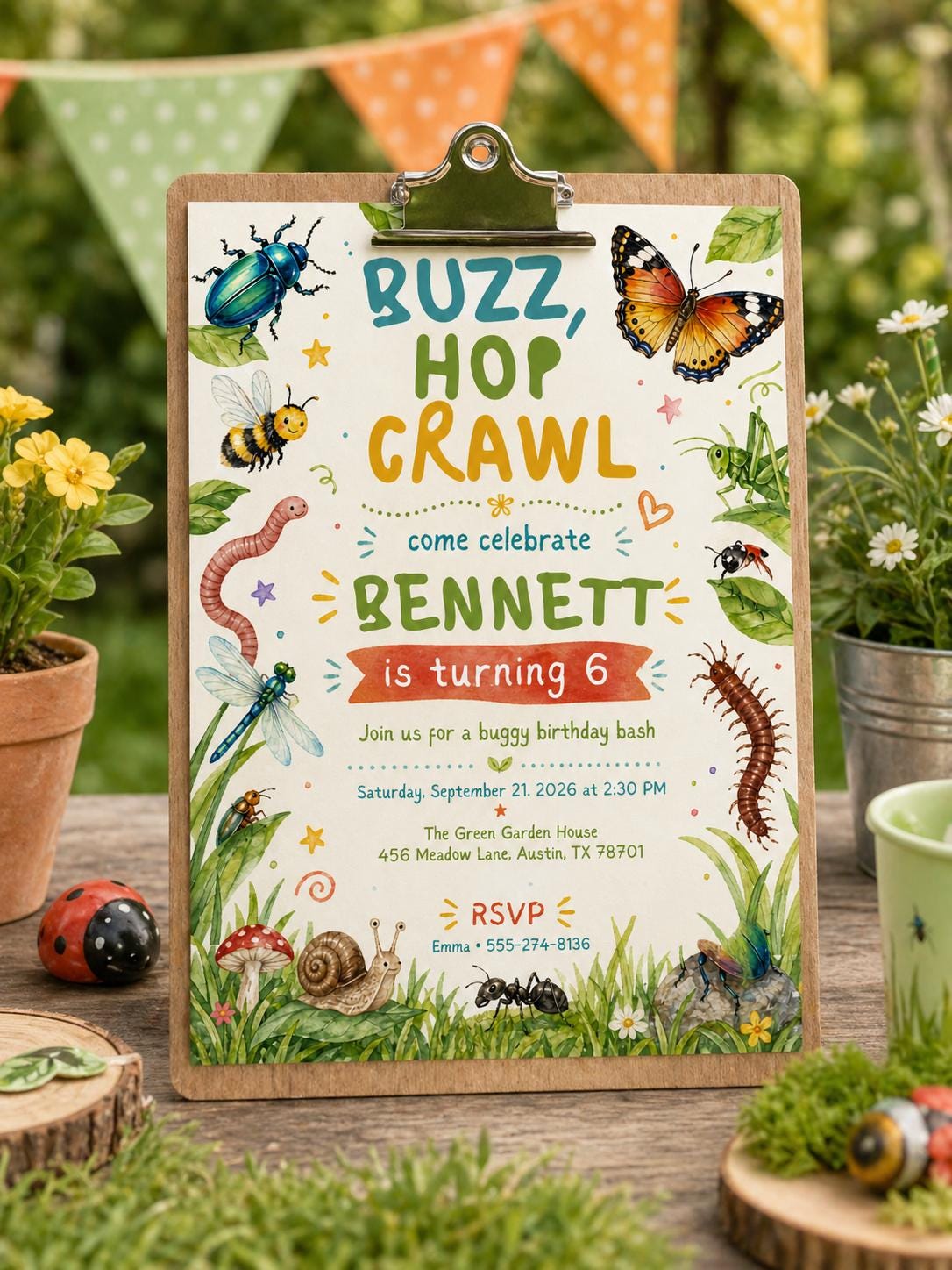 Buzz Hop Crawl Bug 6th Birthday Invitation — butterfly artwork in cream and green