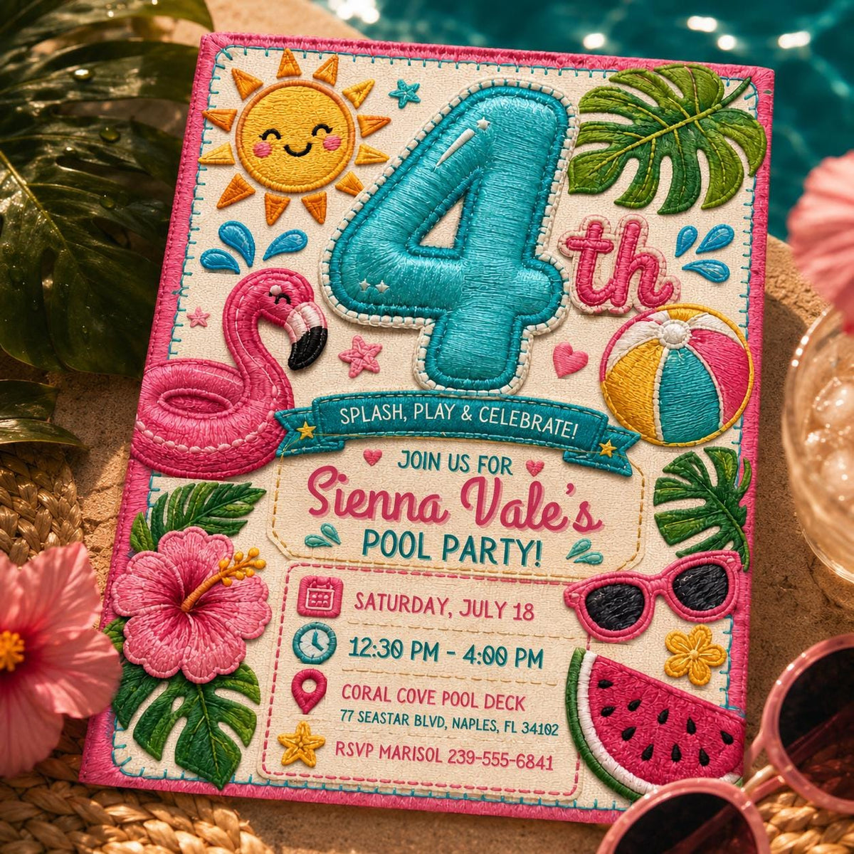 Pool Party Birthday Invitation, Editable 4th Birthday Girl Summer Swim Invite, Tropical Flamingo Printable Canva Template
