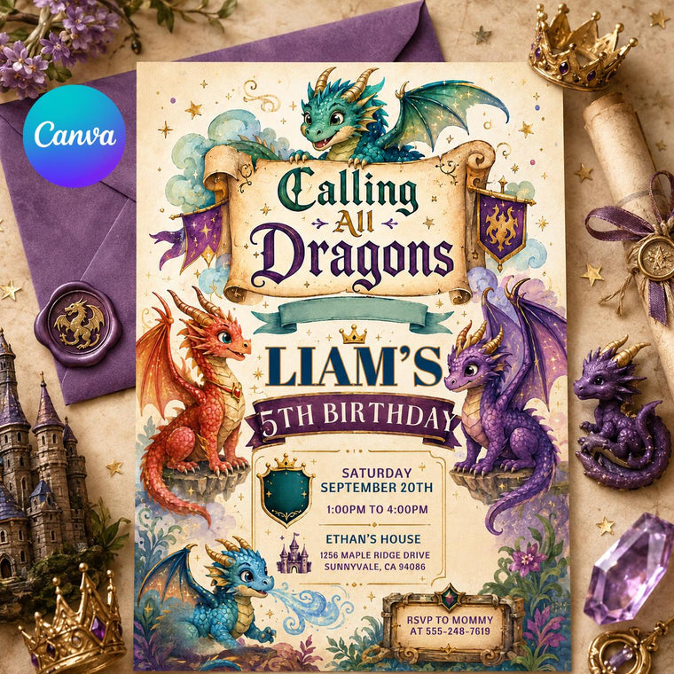 Calling All Dragons 5th Birthday Invitation