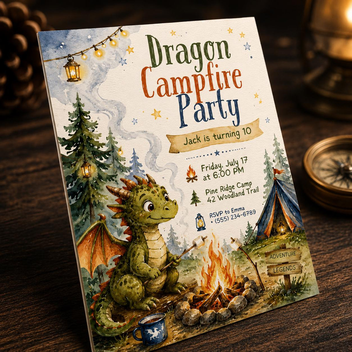 Camping Dragon Campfire 10th Birthday Invitation — 10th birthday party stationery by VoltBy