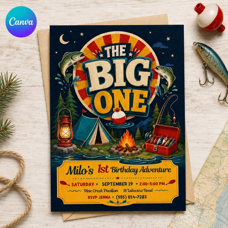 Camping The Big One Fishing First Birthday Invitation for Boys