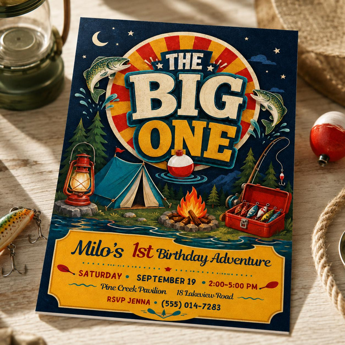 Camping The Big One Fishing First Birthday Invitation for Boys — first birthday stationery by VoltBy