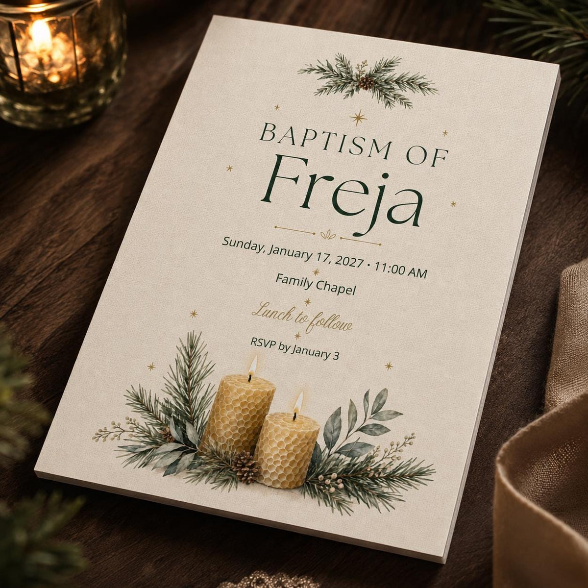 Candle Winter Baptism Invitation — digital invitation, instant download