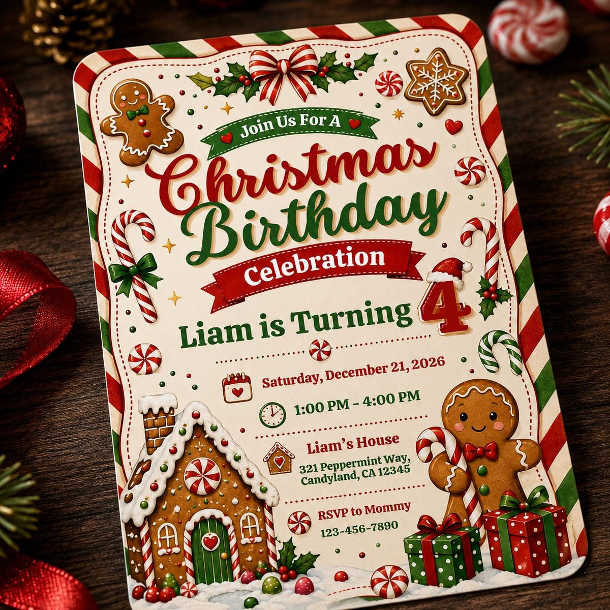 Candy Christmas 4th Birthday Invitation for Boys — digital invitation, instant download