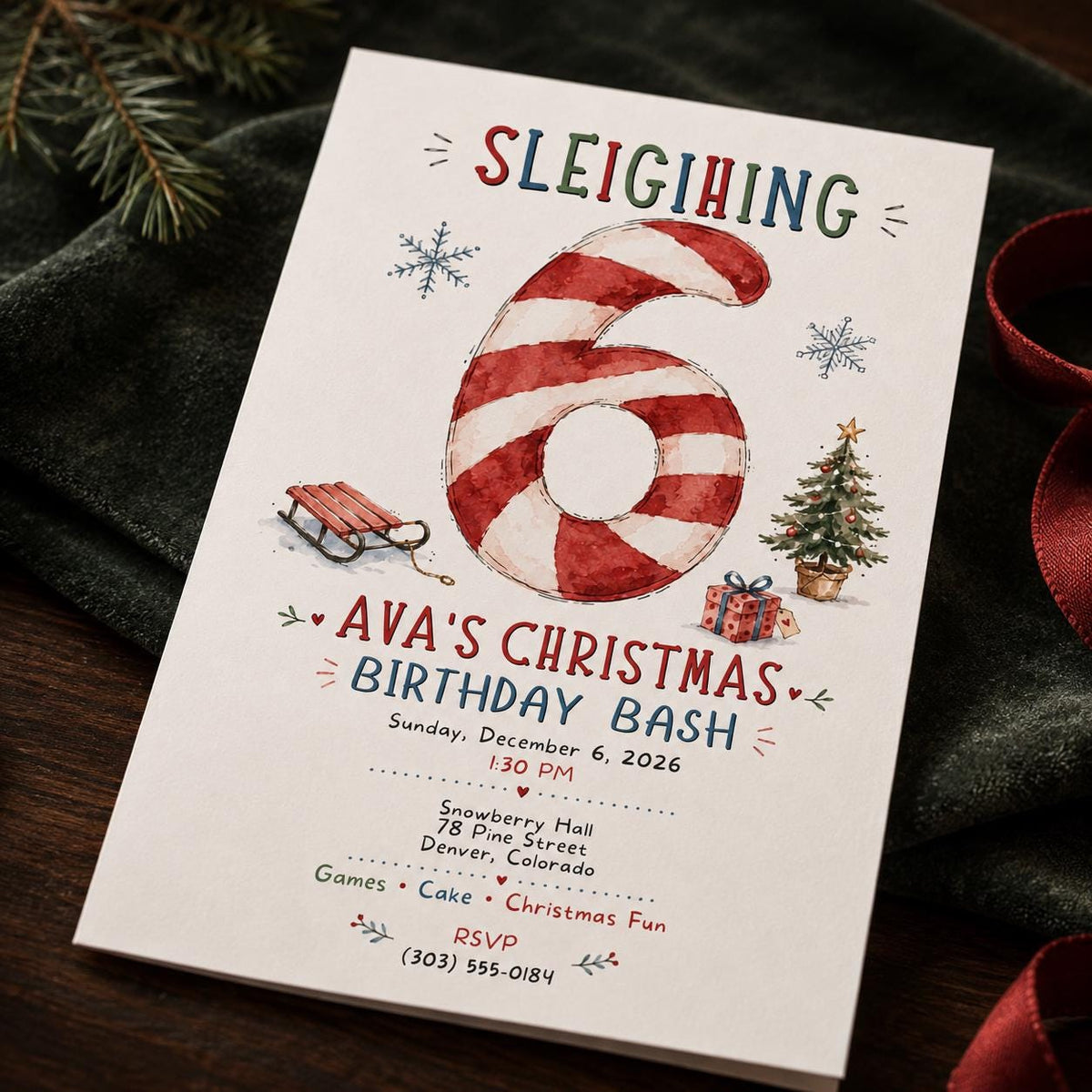 Candy Christmas 6th Birthday Invitation — digital invitation, instant download